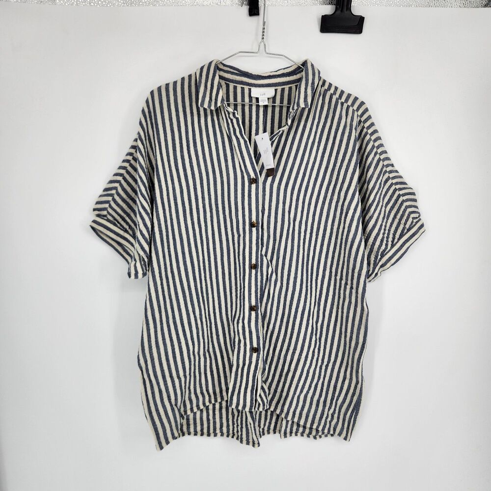 J.Jill Women's Medium Ink Blue Barley Striped Cotton Gauze Top NWT